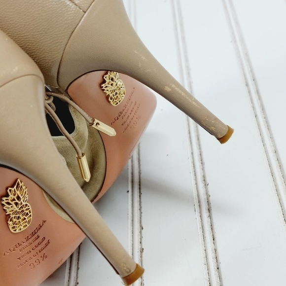 Aquazzura Estelle Leather Suede Cream Grey Taupe Ankle Tie Peep Toe Heels B462 - Picture 11 of 13